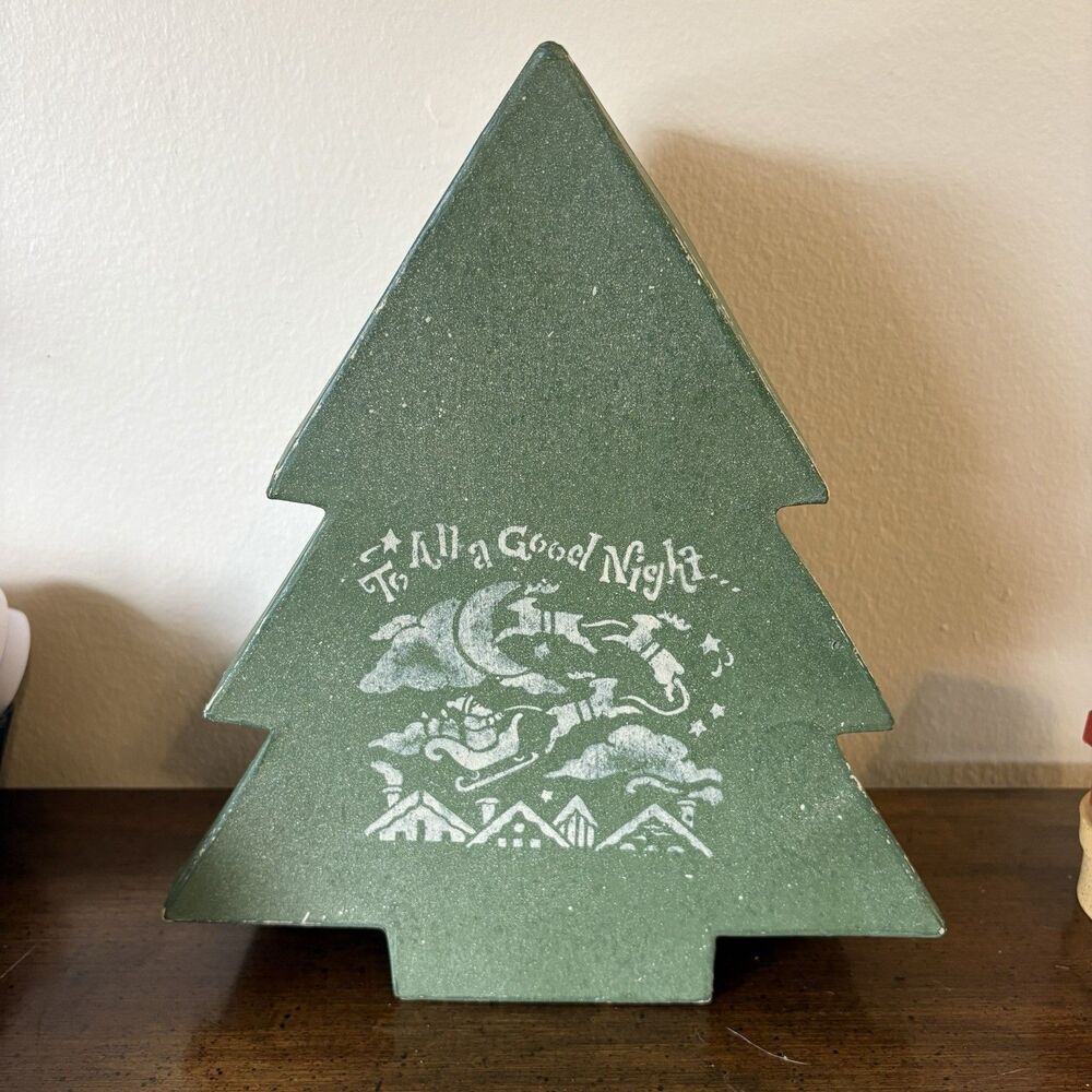 Vtg Christmas Tree Box W/ Lid Decor Hand Painted Cottagecore Rustic Primitive